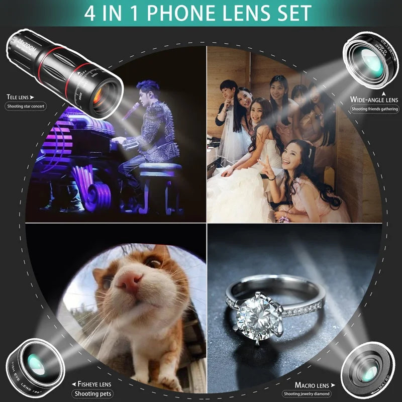 32X Telephoto for Cellphone Mobile Phone Camera Lens Zoom Telescope 4in1 Macro Fish Eye Wide Angel Lenses for iPhone Smartphone