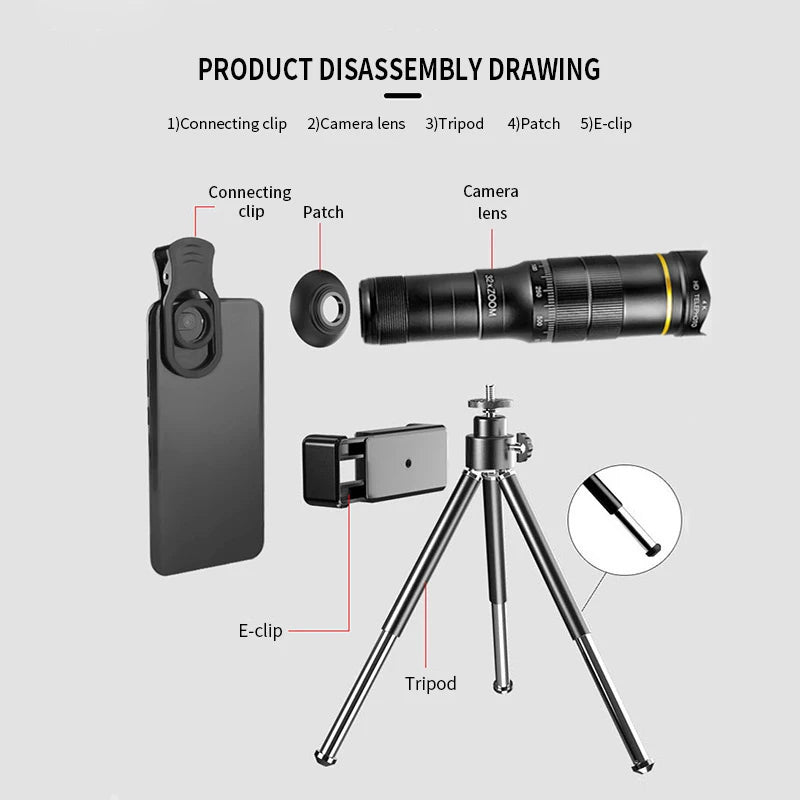32X Telephoto for Cellphone Mobile Phone Camera Lens Zoom Telescope 4in1 Macro Fish Eye Wide Angel Lenses for iPhone Smartphone
