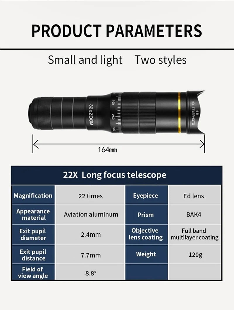 32X Telephoto for Cellphone Mobile Phone Camera Lens Zoom Telescope 4in1 Macro Fish Eye Wide Angel Lenses for iPhone Smartphone
