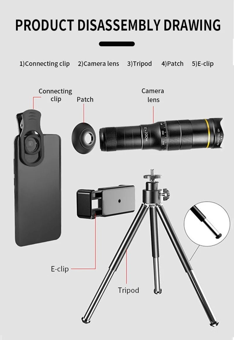 32X Telephoto for Cellphone Mobile Phone Camera Lens Zoom Telescope 4in1 Macro Fish Eye Wide Angel Lenses for iPhone Smartphone