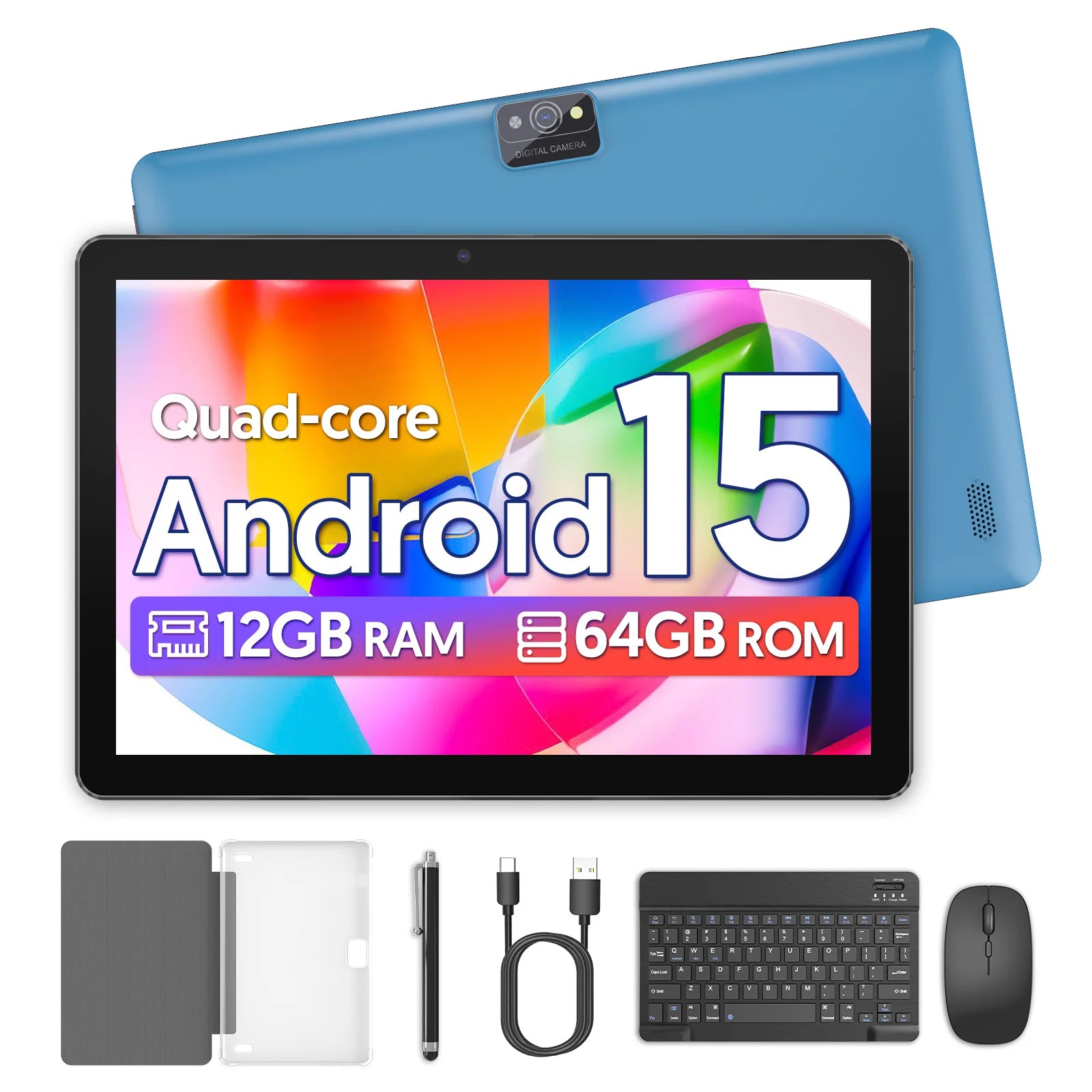 BAKEN Global Edition 10-inch tablet PC, Android 15 system, quad-core processor, 12GB+64GB, supports 1TB expansion, WiFi, 6000mAh