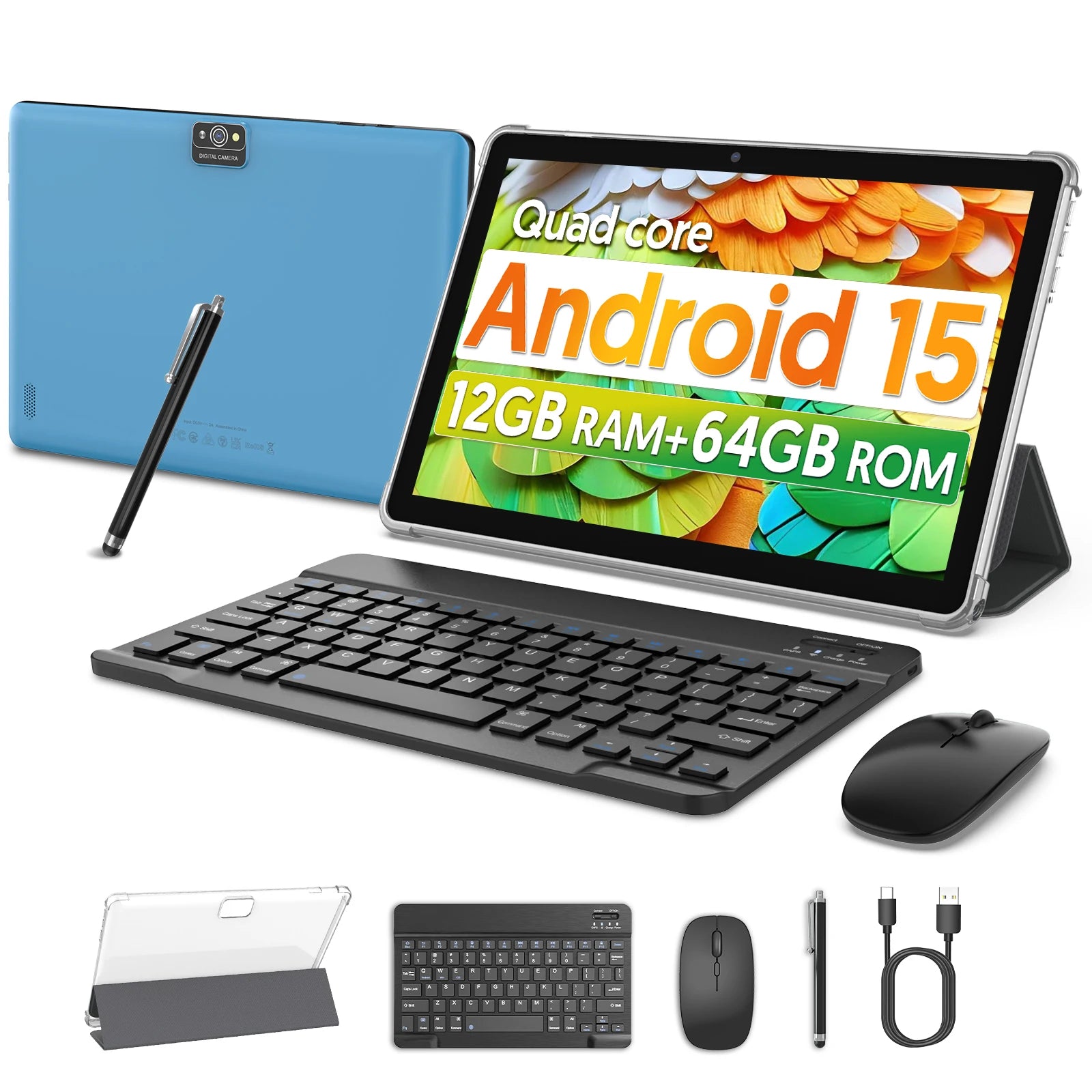 BAKEN Global Edition 10-inch tablet PC, Android 15 system, quad-core processor, 12GB+64GB, supports 1TB expansion, WiFi, 6000mAh