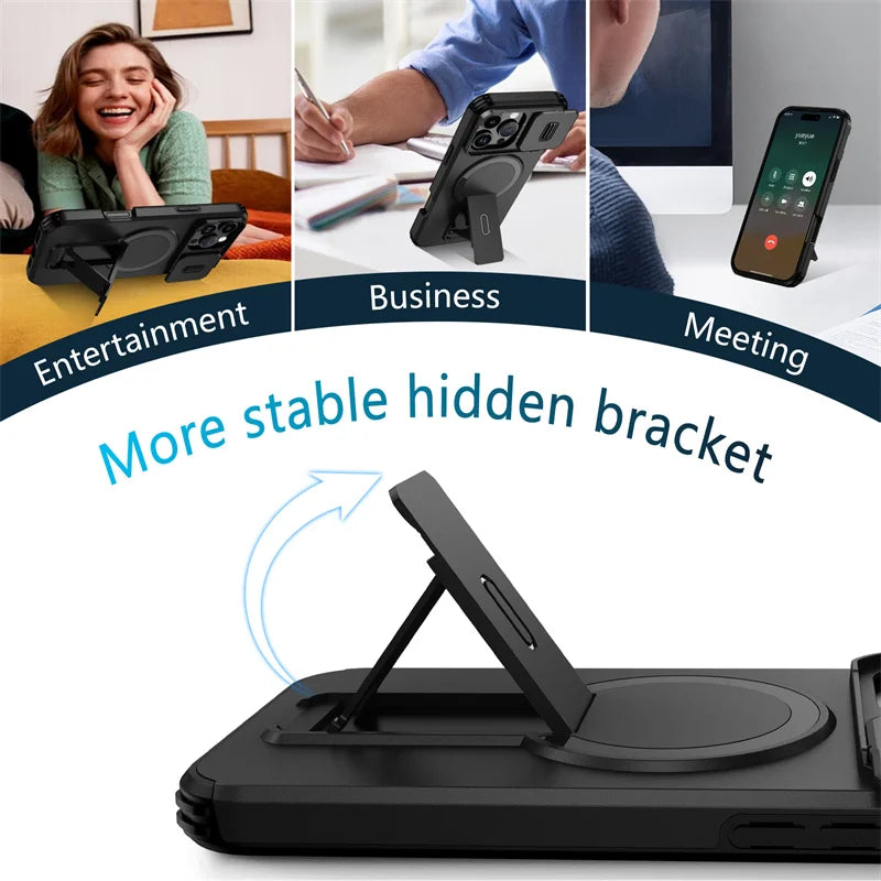 For Magsafe Magnetic Wireless Charging Case For iPhone 16 15 14 13 12 11 Pro Max Plus 16e Armor Stand Slide Lens Protector Cover
