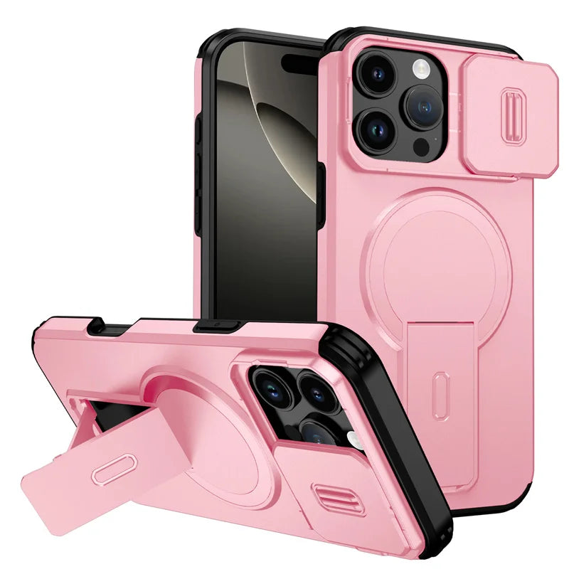 For Magsafe Magnetic Wireless Charging Case For iPhone 16 15 14 13 12 11 Pro Max Plus 16e Armor Stand Slide Lens Protector Cover