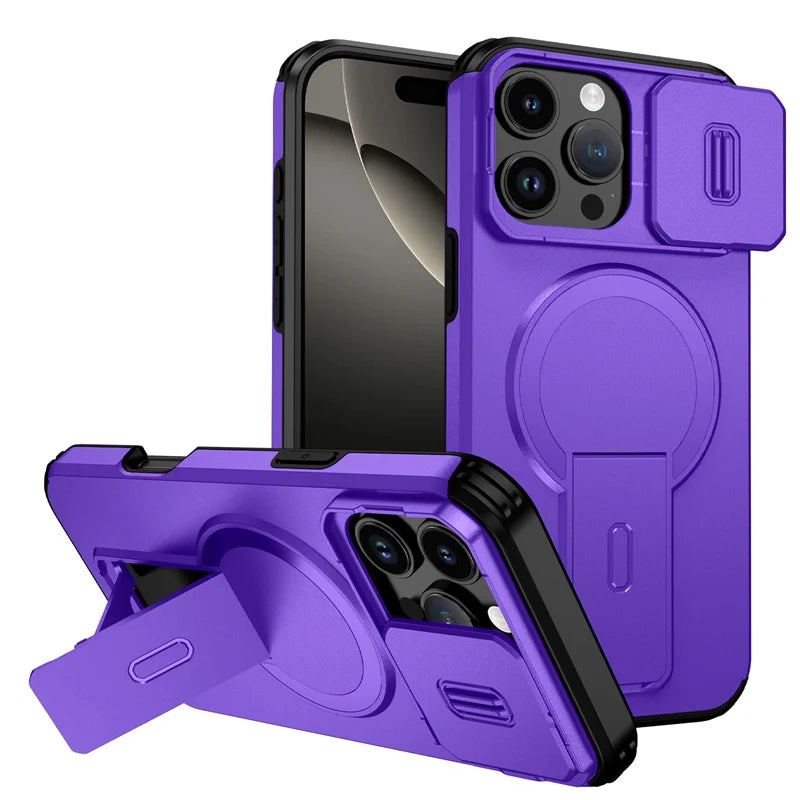 For Magsafe Magnetic Wireless Charging Case For iPhone 16 15 14 13 12 11 Pro Max Plus 16e Armor Stand Slide Lens Protector Cover