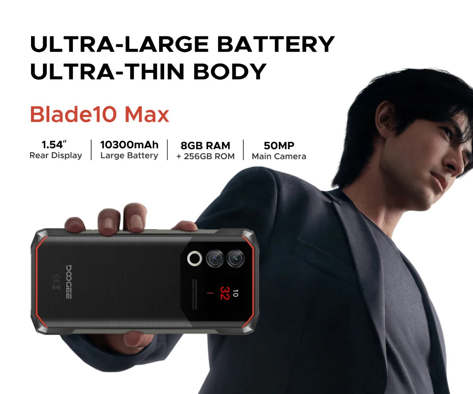 DOOGEE Blade10 Max Rugged Phone 6.56" 90Hz IPS Display 8GB 256GB 1.54" Rear Display 50MP AI Main Camera 10300mAh Battery Phone