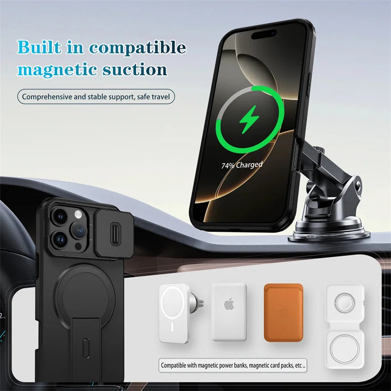 For Magsafe Magnetic Wireless Charging Case For iPhone 16 15 14 13 12 11 Pro Max Plus 16e Armor Stand Slide Lens Protector Cover