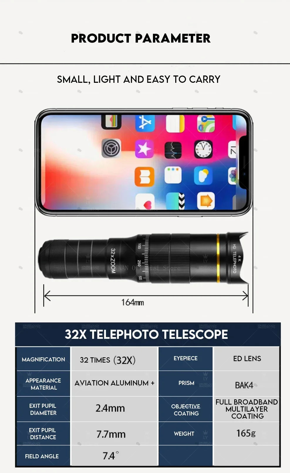 CAOX 32x Professional Concert Monocular Telescope, HD Zoom Phone Camera Lens Telescope, Suitable for Camping and Concerts