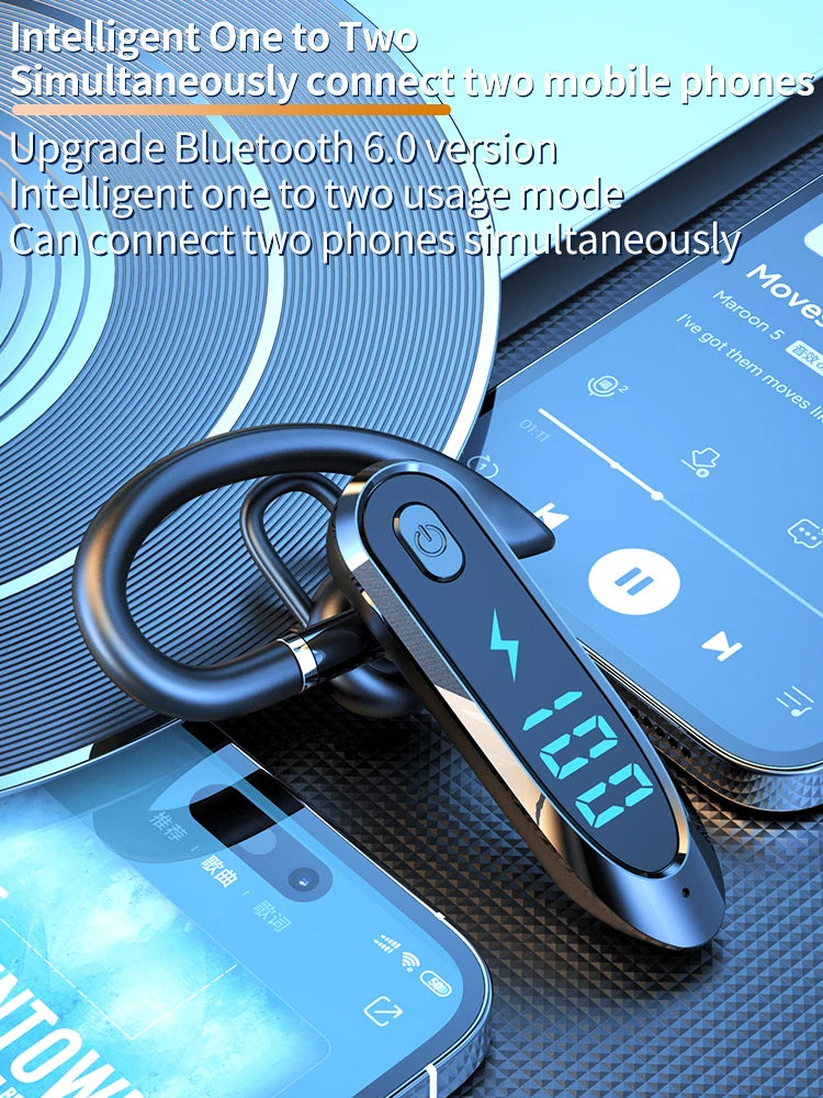 Single Ear Headset With Mic Bluetooth 6.0 Earphone Noise Cancelling Waterproof Earbud LED Display Handsfree Long Standby Time