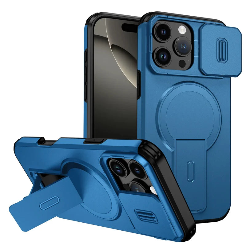 For Magsafe Magnetic Wireless Charging Case For iPhone 16 15 14 13 12 11 Pro Max Plus 16e Armor Stand Slide Lens Protector Cover