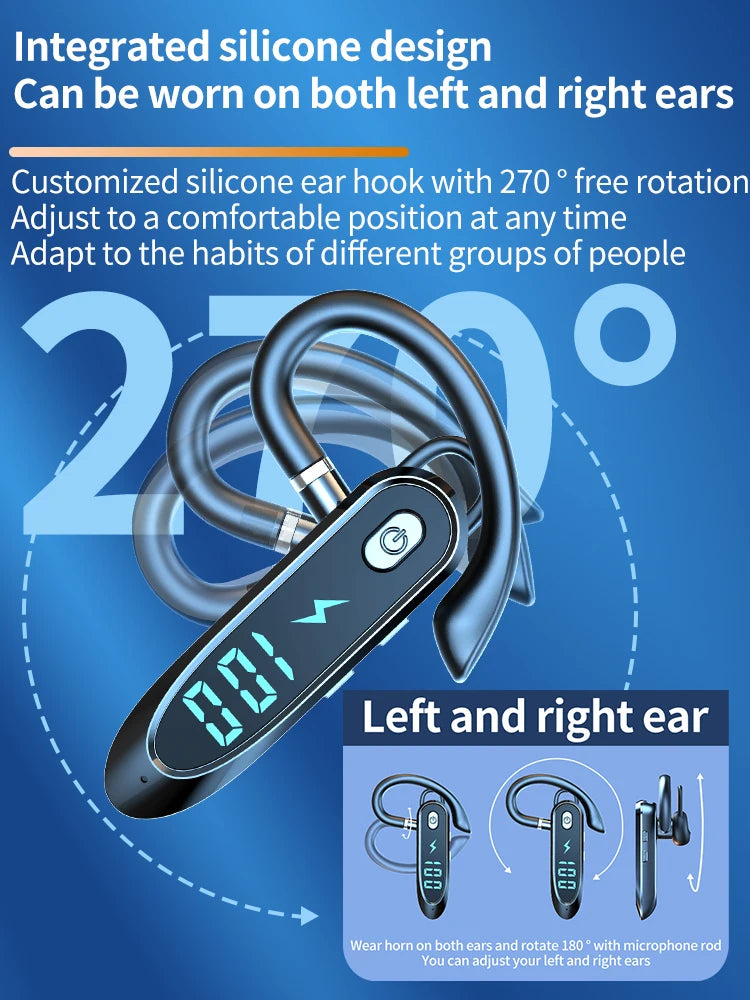 Single Ear Headset With Mic Bluetooth 6.0 Earphone Noise Cancelling Waterproof Earbud LED Display Handsfree Long Standby Time