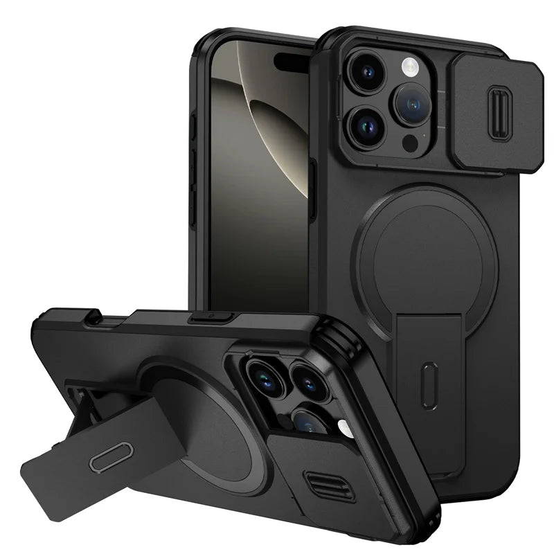 For Magsafe Magnetic Wireless Charging Case For iPhone 16 15 14 13 12 11 Pro Max Plus 16e Armor Stand Slide Lens Protector Cover