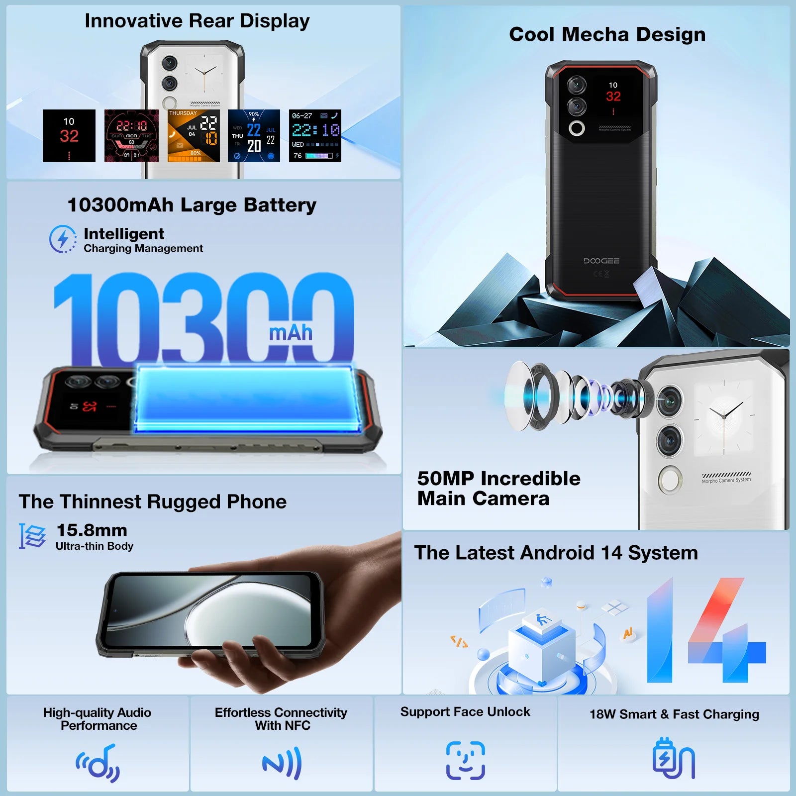 DOOGEE Blade10 Max Rugged Phone 6.56" 90Hz IPS Display 8GB 256GB 1.54" Rear Display 50MP AI Main Camera 10300mAh Battery Phone