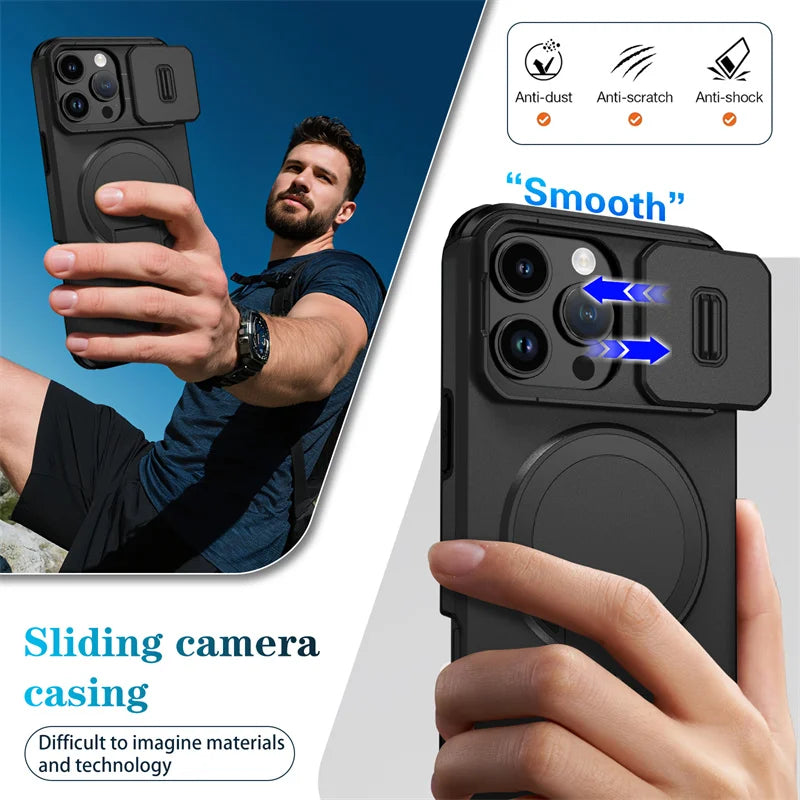 For Magsafe Magnetic Wireless Charging Case For iPhone 16 15 14 13 12 11 Pro Max Plus 16e Armor Stand Slide Lens Protector Cover