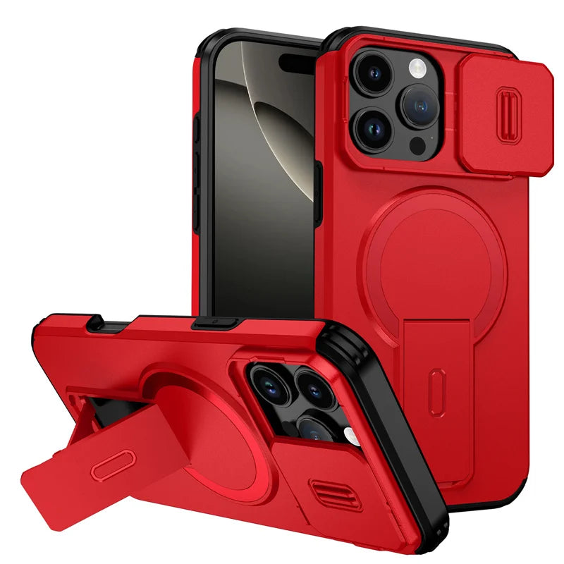 For Magsafe Magnetic Wireless Charging Case For iPhone 16 15 14 13 12 11 Pro Max Plus 16e Armor Stand Slide Lens Protector Cover
